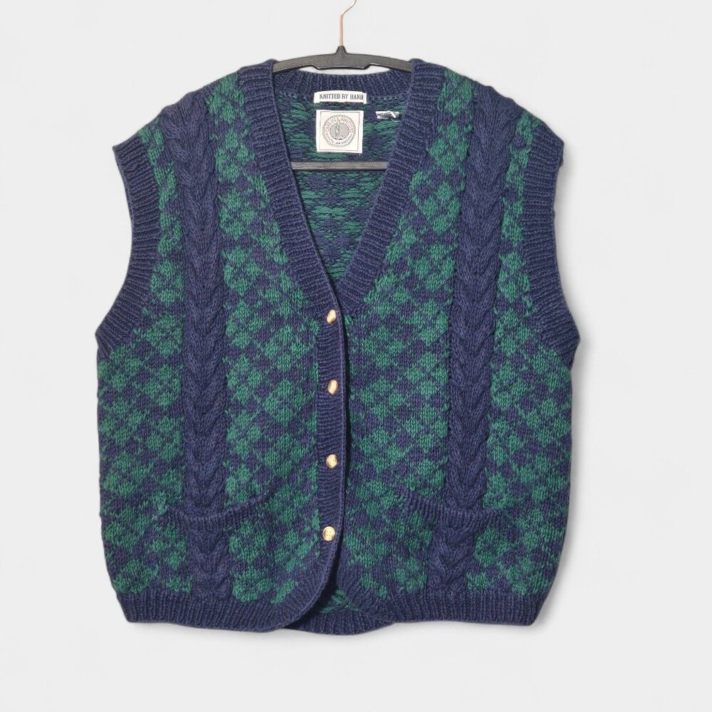VTG Cape Isle Knitters Hand Knit Sweater Vest Button Front Blue Green Cozy  M